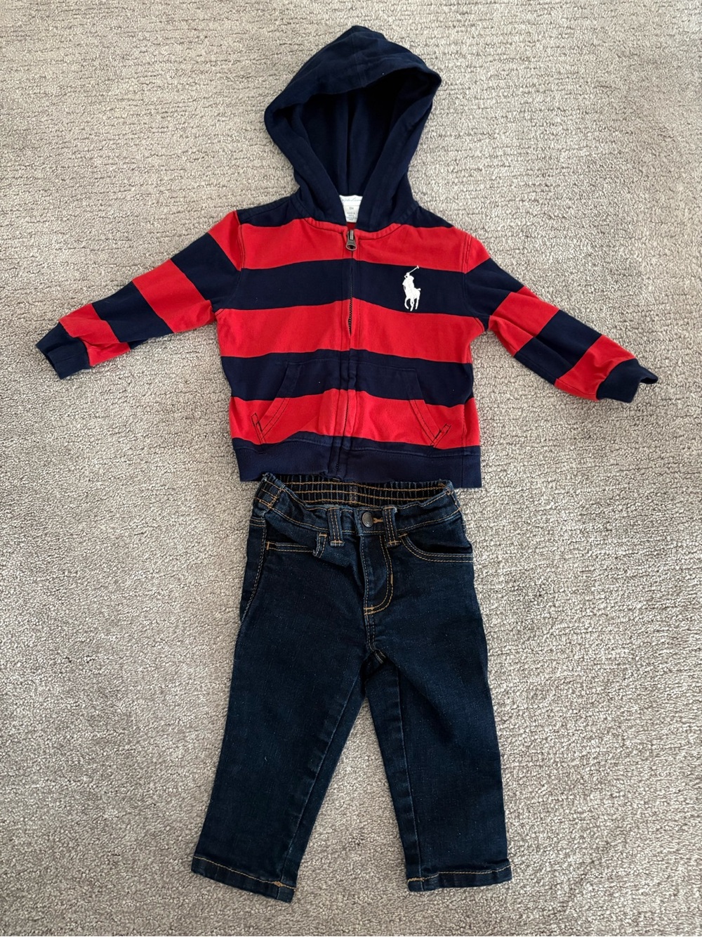 Polo by Ralph Lauren Toddler Red & Navy Striped Hooded Zip Hoodie/Old Navy Jeans
